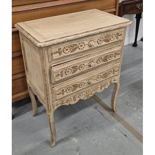 510 - SMALL COMMODE, with 3 carved drawers, 38cm x 62cm x 78cm H.