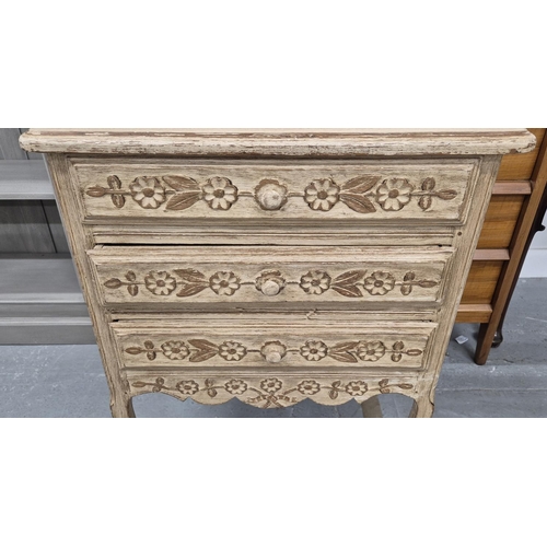 510 - SMALL COMMODE, with 3 carved drawers, 38cm x 62cm x 78cm H.