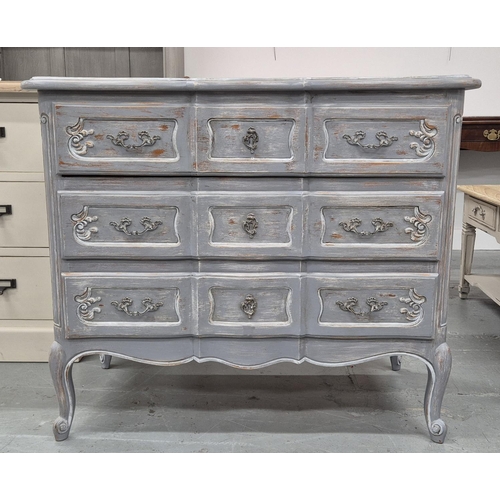 512 - COMMODE, grey painted in a distressed finish, 47cm x 81cm H x 94cm.