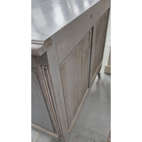 512 - COMMODE, grey painted in a distressed finish, 47cm x 81cm H x 94cm.