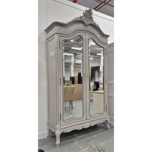 513 - ARMOIRE, distressed grey painted with white detail with a pair of bevelled mirrored doors.