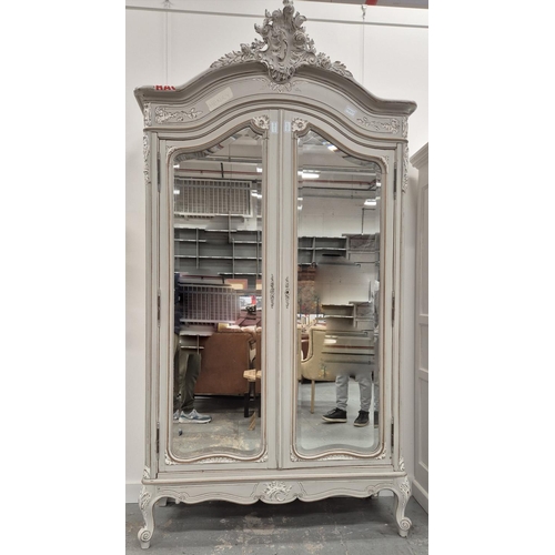 513 - ARMOIRE, distressed grey painted with white detail with a pair of bevelled mirrored doors.