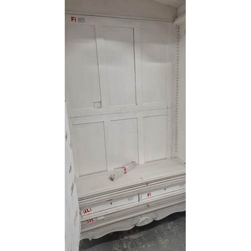 513 - ARMOIRE, distressed grey painted with white detail with a pair of bevelled mirrored doors.