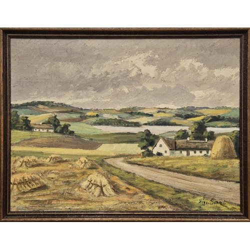 55 - SIGUARD SCHOU (b. 1896) 'Landscape with Cottages and Corn Fields', oil on canvas, 95cm x 71cm, signe... 