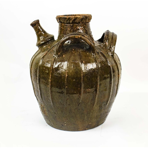 6 - WATER VESSEL, French antique glazed earthenware with spout and three raised handles, 37cm H.