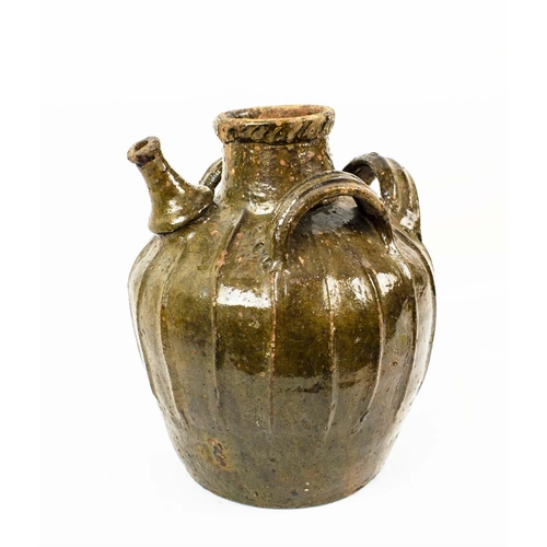 6 - WATER VESSEL, French antique glazed earthenware with spout and three raised handles, 37cm H.