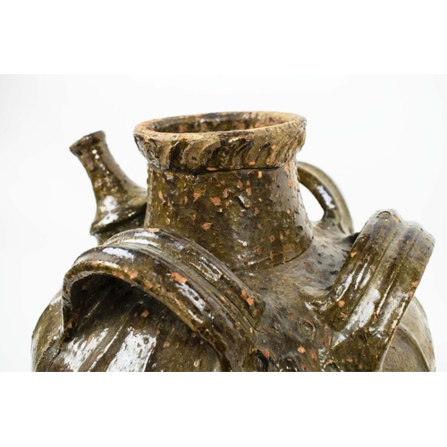 6 - WATER VESSEL, French antique glazed earthenware with spout and three raised handles, 37cm H.