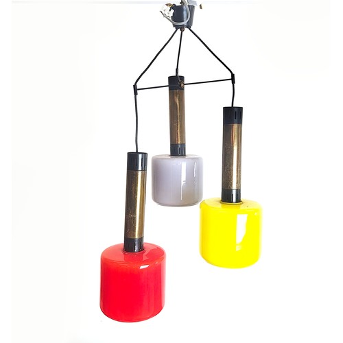 302 - ATTRIBUTED TO STILNOVO CEILING LIGHT CLUSTER, 1950's/60's three branch, coloured glass shades, yello... 