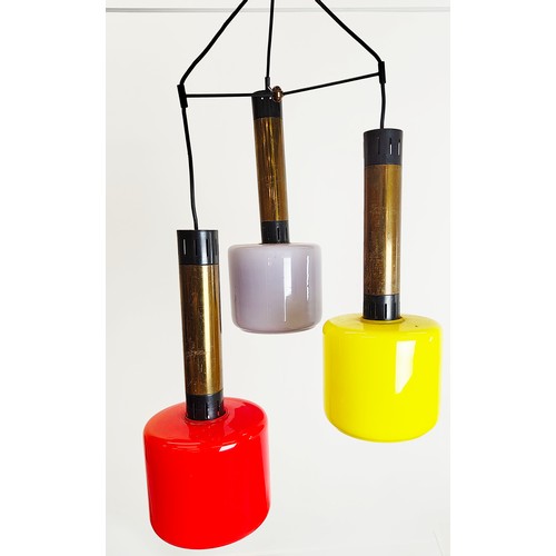 302 - ATTRIBUTED TO STILNOVO CEILING LIGHT CLUSTER, 1950's/60's three branch, coloured glass shades, yello... 