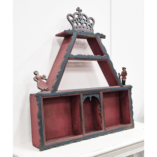 286 - DANISH FOLK ART HANGING SPICE SHELVES, painted, figural detail, 82cm x 13cm x 71cm H.