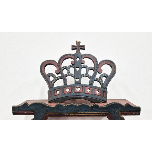 286 - DANISH FOLK ART HANGING SPICE SHELVES, painted, figural detail, 82cm x 13cm x 71cm H.