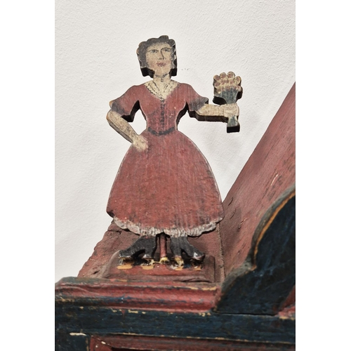 286 - DANISH FOLK ART HANGING SPICE SHELVES, painted, figural detail, 82cm x 13cm x 71cm H.