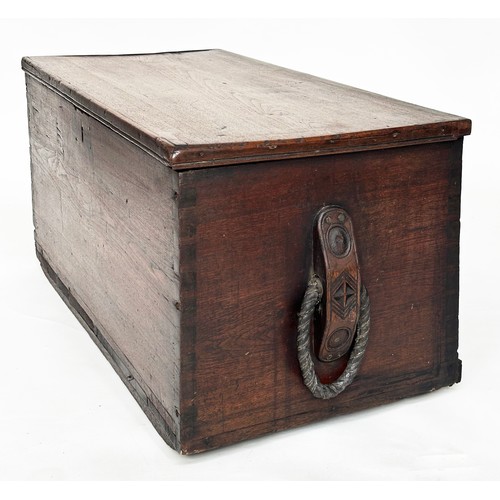 240 - SEAMAN'S TRUNK, 19th century elm with rising lid and rope handles, 93cm W x 45cm x 45cm.