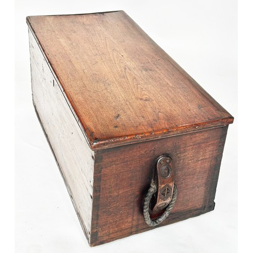 240 - SEAMAN'S TRUNK, 19th century elm with rising lid and rope handles, 93cm W x 45cm x 45cm.