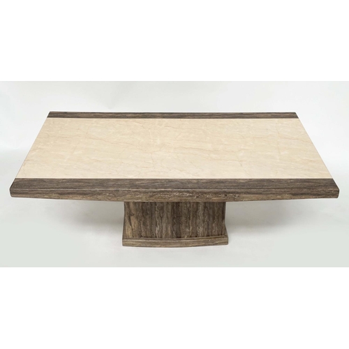 147 - TRAVERTINE LOW TABLE, Italian travertine two tone marble, rectangular on plinth base, 50cm H x 130cm... 