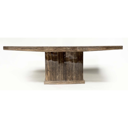 147 - TRAVERTINE LOW TABLE, Italian travertine two tone marble, rectangular on plinth base, 50cm H x 130cm... 