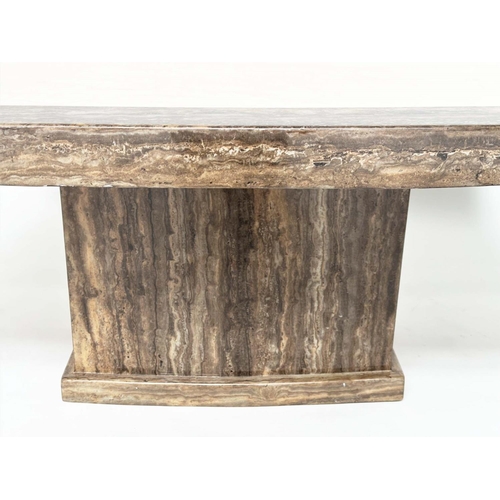 147 - TRAVERTINE LOW TABLE, Italian travertine two tone marble, rectangular on plinth base, 50cm H x 130cm... 