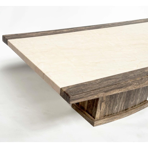 147 - TRAVERTINE LOW TABLE, Italian travertine two tone marble, rectangular on plinth base, 50cm H x 130cm... 