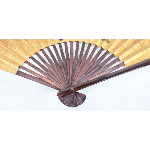 10 - VERY LARGE CHINESE FAN, hand gilded and painted detail, signed left hand side, 90cm H x 150cm W