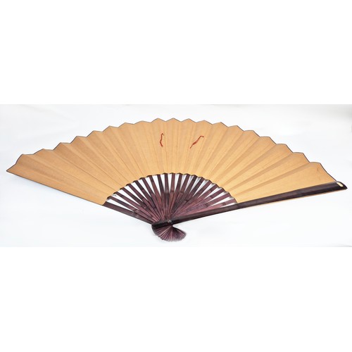 10 - VERY LARGE CHINESE FAN, hand gilded and painted detail, signed left hand side, 90cm H x 150cm W