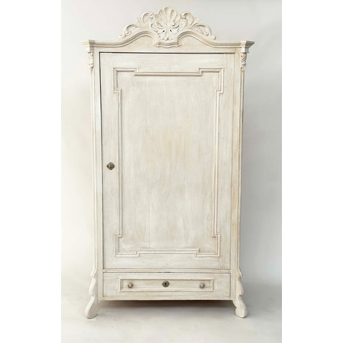 162 - ARMOIRE, 19th century French traditionally grey painted with shaped cornice and panelled door, enclo... 