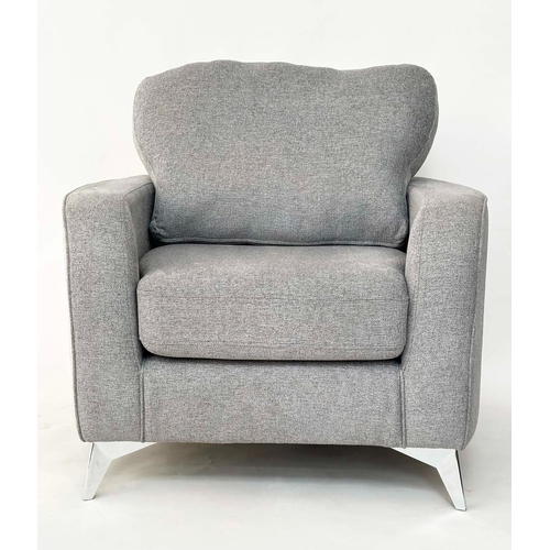 166 - ARMCHAIR, contemporary grey fabric upholstered with chromed supports, 90cm W.