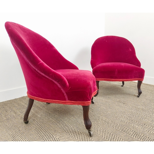 168 - BOUDOIR CHAIRS, a pair, Napoleon III mahogany in old red velvet on castors, 77cm H x 63cm W x 63cm D... 