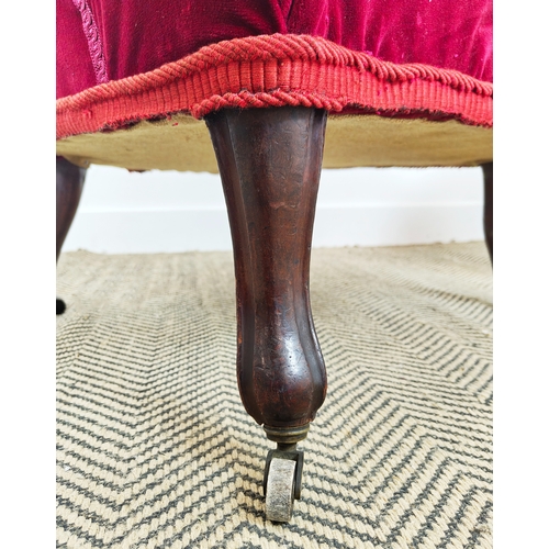 168 - BOUDOIR CHAIRS, a pair, Napoleon III mahogany in old red velvet on castors, 77cm H x 63cm W x 63cm D... 