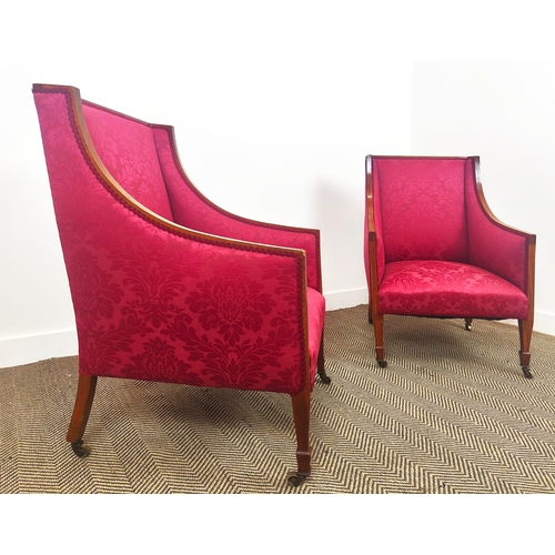 169 - ARMCHAIRS, a pair, Edwardian satin walnut in red damask on brass castors, 97cm H x 64cm W. (2)