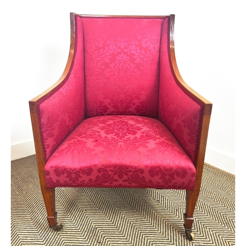 169 - ARMCHAIRS, a pair, Edwardian satin walnut in red damask on brass castors, 97cm H x 64cm W. (2)