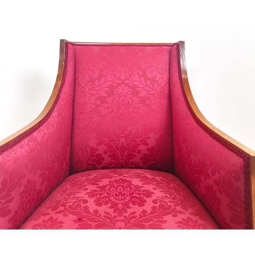 169 - ARMCHAIRS, a pair, Edwardian satin walnut in red damask on brass castors, 97cm H x 64cm W. (2)