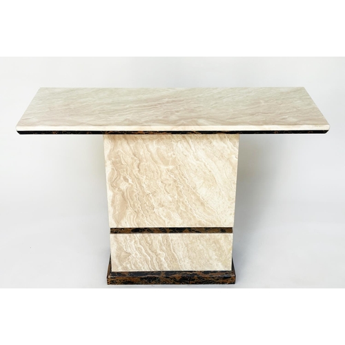 195 - CONSOLE TABLE, Italian travertine marble, rectangular with two tone plinth support, 110cm W x 40cm D... 