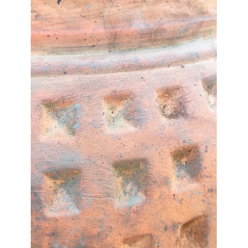 201 - GARDEN URN, very large weathered terracotta with moulded rim and all over coffered decoration, 99cm ... 