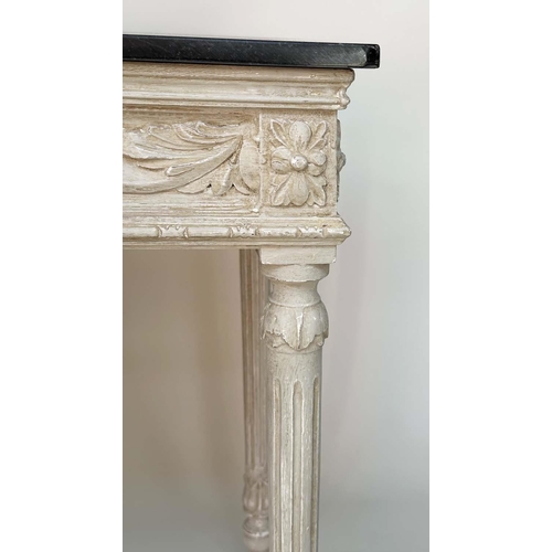 213 - CONSOLE TABLE, Italian style traditionally grey painted with foliate frieze, fluted tapering support... 