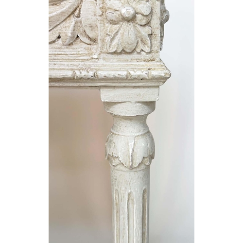 213 - CONSOLE TABLE, Italian style traditionally grey painted with foliate frieze, fluted tapering support... 