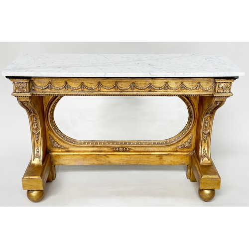 296 - CONSOLE TABLE, Empire style giltwood and gesso with marble top, mirror back and swag frieze, 36cm D ... 