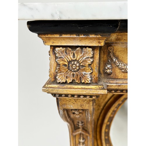 296 - CONSOLE TABLE, Empire style giltwood and gesso with marble top, mirror back and swag frieze, 36cm D ... 