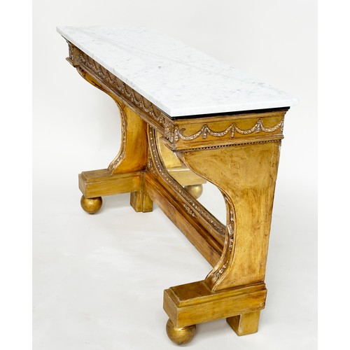 296 - CONSOLE TABLE, Empire style giltwood and gesso with marble top, mirror back and swag frieze, 36cm D ... 