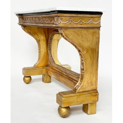 296 - CONSOLE TABLE, Empire style giltwood and gesso with marble top, mirror back and swag frieze, 36cm D ... 