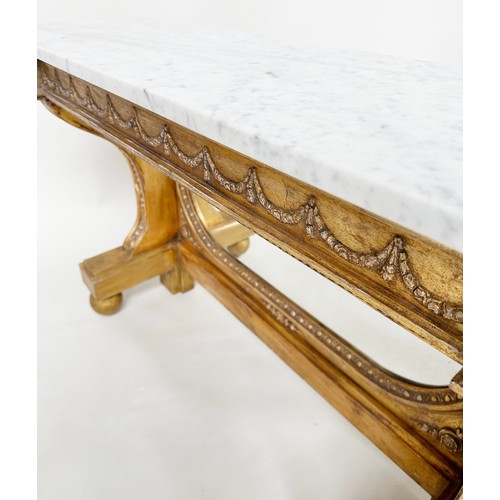 296 - CONSOLE TABLE, Empire style giltwood and gesso with marble top, mirror back and swag frieze, 36cm D ... 