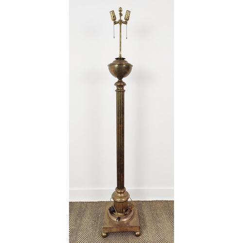 456 - A 19TH CENTURY BRASS STANDARD LAMP, fluted column square base, converted at a later date, 170cm H.