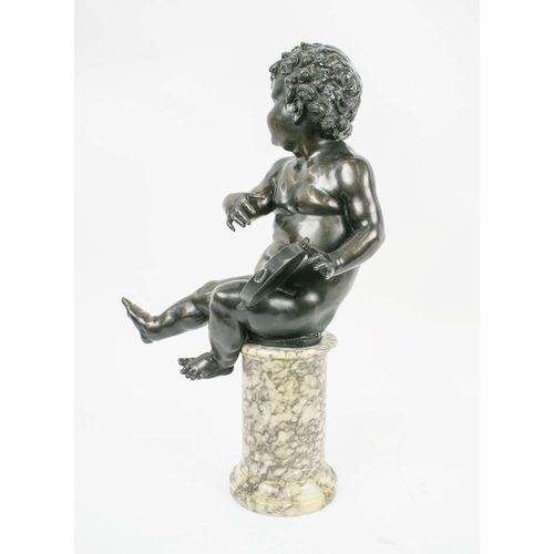 1 - BRONZE PUTTI, 19th century seated playing a tambourine perched on a circular pedestal, 55cm H.