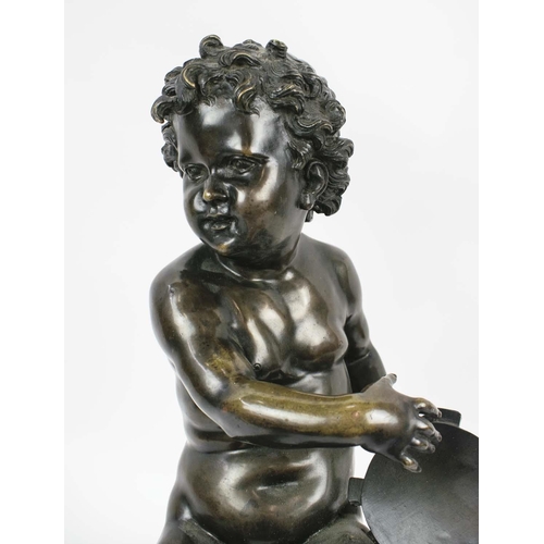 1 - BRONZE PUTTI, 19th century seated playing a tambourine perched on a circular pedestal, 55cm H.