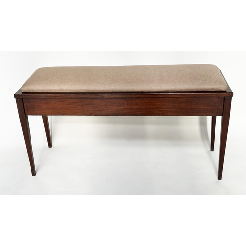 108 - WINDOW SEAT, early 20th century mahogany with linen upholstered seat and slender tapering supports, ... 