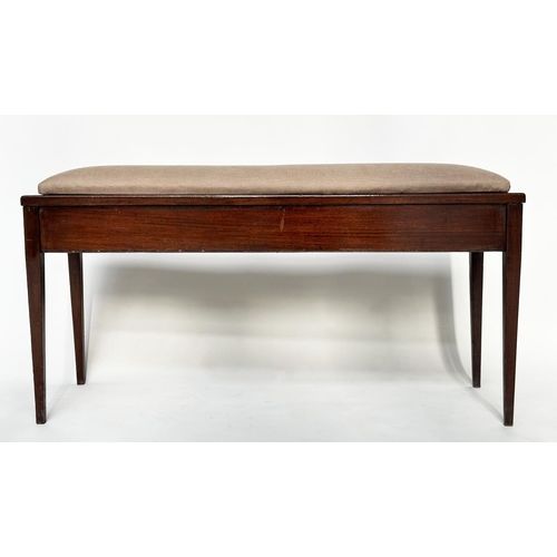 108 - WINDOW SEAT, early 20th century mahogany with linen upholstered seat and slender tapering supports, ... 