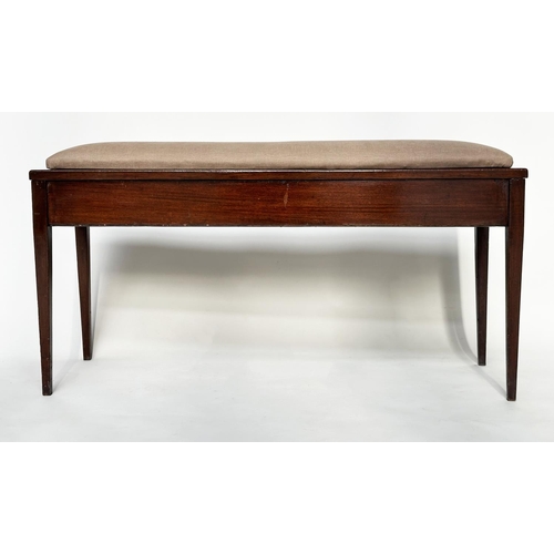 108 - WINDOW SEAT, early 20th century mahogany with linen upholstered seat and slender tapering supports, ... 