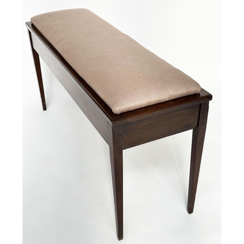 108 - WINDOW SEAT, early 20th century mahogany with linen upholstered seat and slender tapering supports, ... 