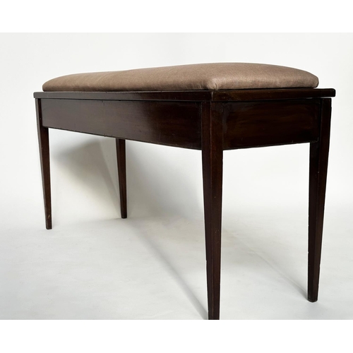 108 - WINDOW SEAT, early 20th century mahogany with linen upholstered seat and slender tapering supports, ... 