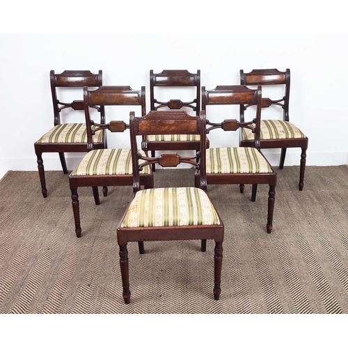 133 - DINING CHAIRS, a set of six, Regency mahogany, circa 1815, with striped drop in seats, 83cm H x 47cm... 