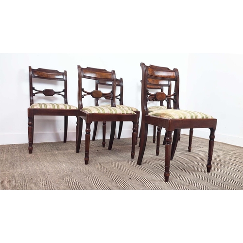 133 - DINING CHAIRS, a set of six, Regency mahogany, circa 1815, with striped drop in seats, 83cm H x 47cm... 